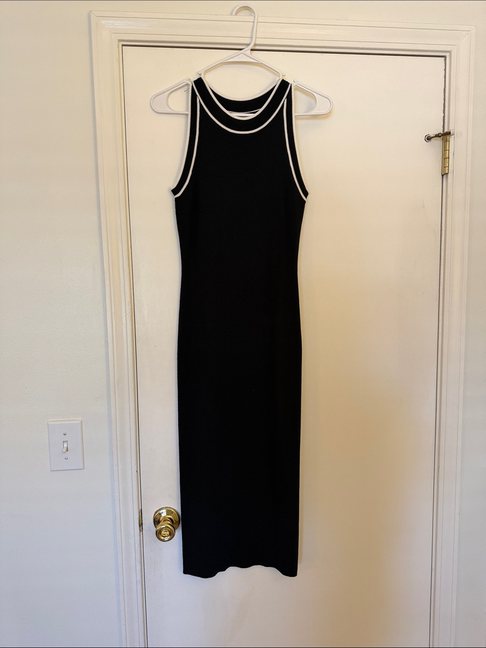 Black Sleeveless Midi Dress with White Trim